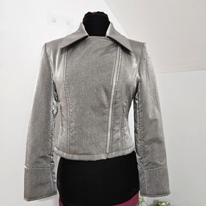 Georgiou Studio Vintage Silver Metallic Moto Zipper Crop Jacket Size 8